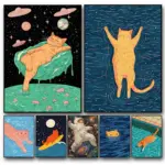 Cartoon Cat Swimming Illustration Poster Cats Aesthetic Art Modern Prints Wall Decoration Ginger Cat Canvas Wall Decor Painting
