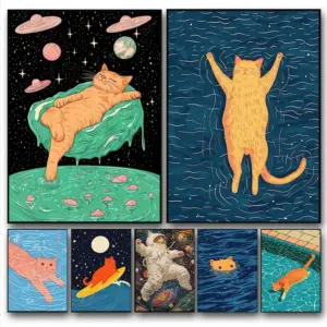 Cartoon Cat Swimming Illustration Poster Cats Aesthetic Art Modern Prints Wall Decoration Ginger Cat Canvas Wall Decor Painting