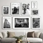 Paris Tower Car Street Train Black White Old Style Poster Wall Art Canvas Painting Posters Prints Pictures For Living Room Decor