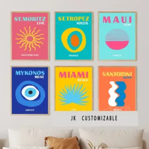 Minimalist Nordic Canvas Art Print-Preppy Color Travel Posters of Miami,Bondi,Ibiza,Mykonos,and Capri for Living Room Decor