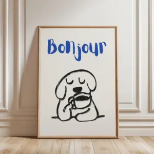 1 Piece of Frameless Dog Coffee Club Print, Cute French Coffee Wall Art, Bonjour Dog Cafe Poster Kitchen Restaurant Decoration