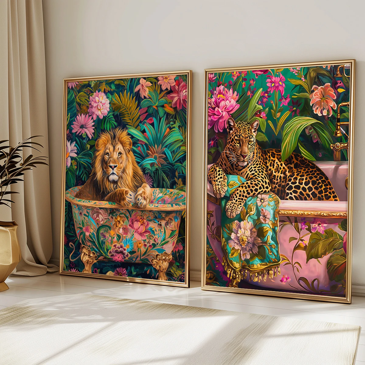 1/2pcs Bohe Lion in A Bathtub Canvas Print Poster Modern Colorful Dopamine Art Prints Bathroom Wall Art Home Decor Art Poster