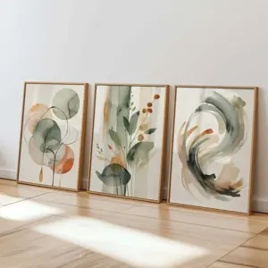 3pcs Frameless,Beige and Sage Abstract Watercolor Wall Art,Plant and Geometric Prints Living Room Decor,Modern Minimalist Poster