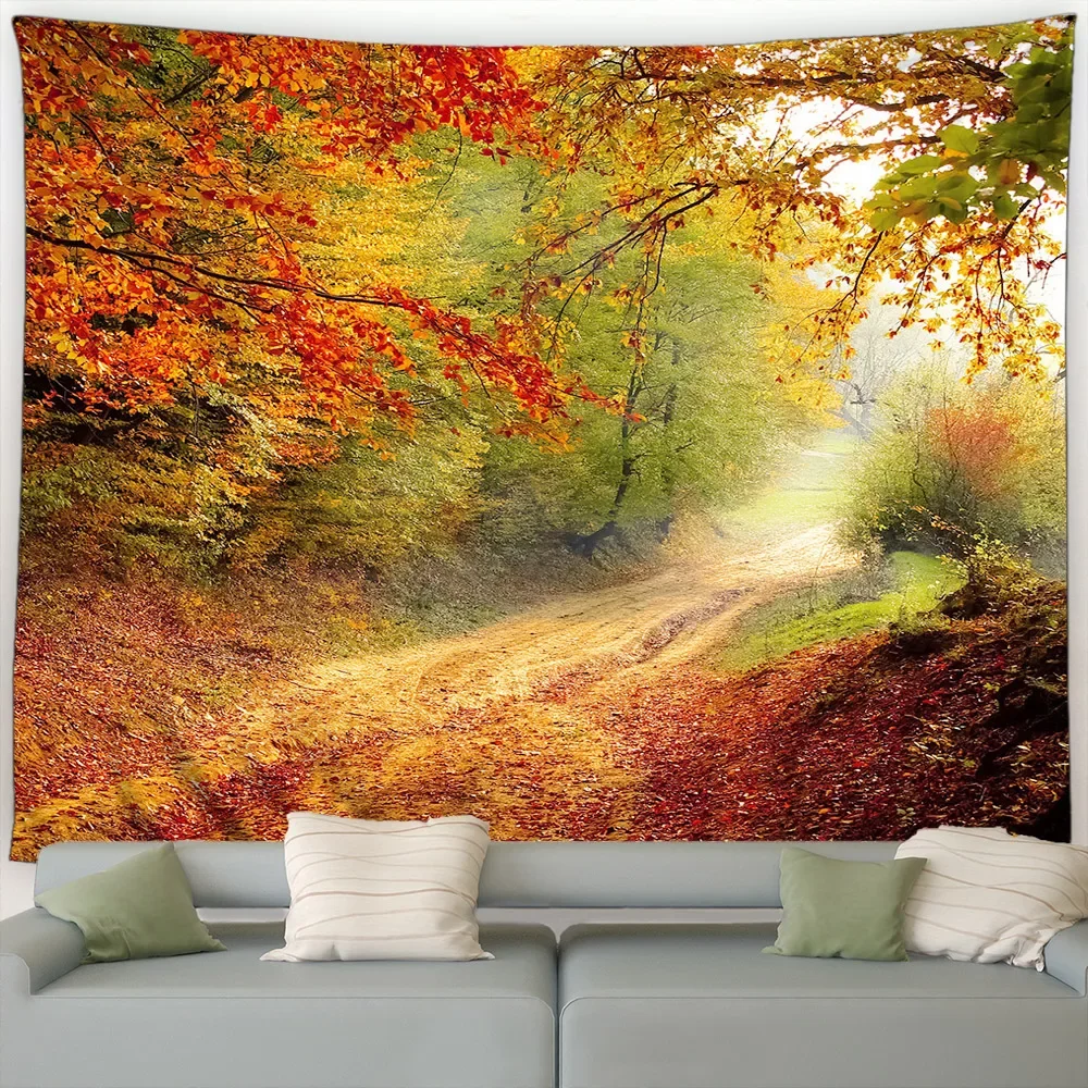 Autumn Forest Tapestry Natural Maple Tree Yellow Falling Leaves Rustic Landscape Fall Garden Wall Hanging Home Living Room Decor - Image 5