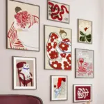 Red Striped Girl Flower Cat Coffee Abstract Wall Art Canvas Painting Hotel Bar Pictures For Living Room Decor