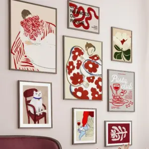 Red Striped Girl Flower Cat Coffee Abstract Wall Art Canvas Painting Hotel Bar Pictures For Living Room Decor