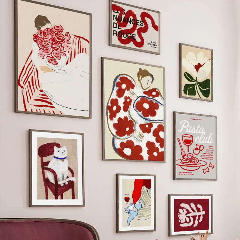 Red Striped Girl Flower Cat Coffee Abstract Wall Art Canvas Painting Hotel Bar Pictures For Living Room Decor