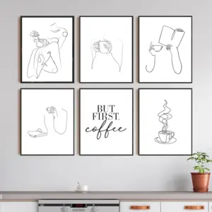 Abstract Coffee Woman Line Drawing Art Prints Black White Nordic Minimalist Poster Coffee Wall Art Canvas Painting Kitchen Decor