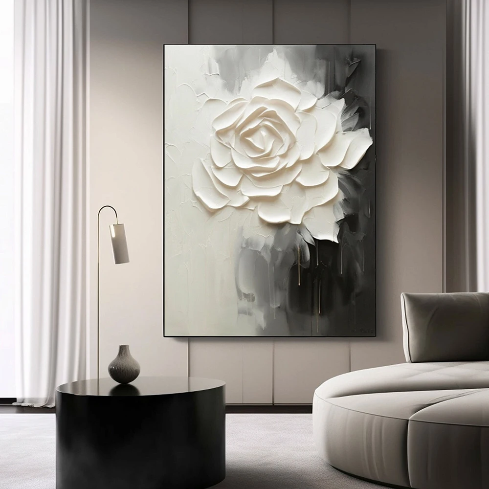 3D Textured Effect Painting, Large Abstract White Flower Poster, Minimalist Wall Art Canvas Print, Living Room Home Decor Cuadro - Image 4