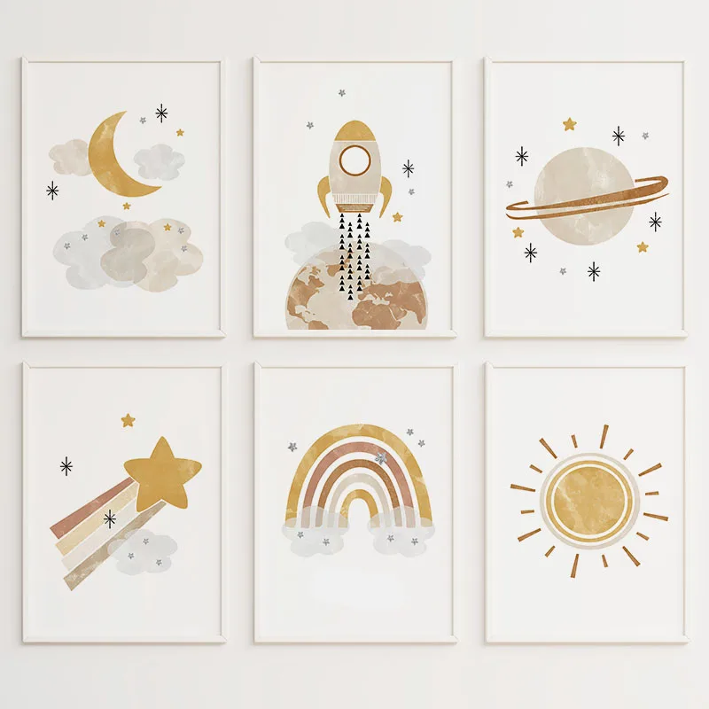 Cartoon Boho Rocket Sun Rainbow Stars Nursery Wall Art Canvas Painting Nordic Posters and Prints Pictures Baby Kids Room Decor - Image 4