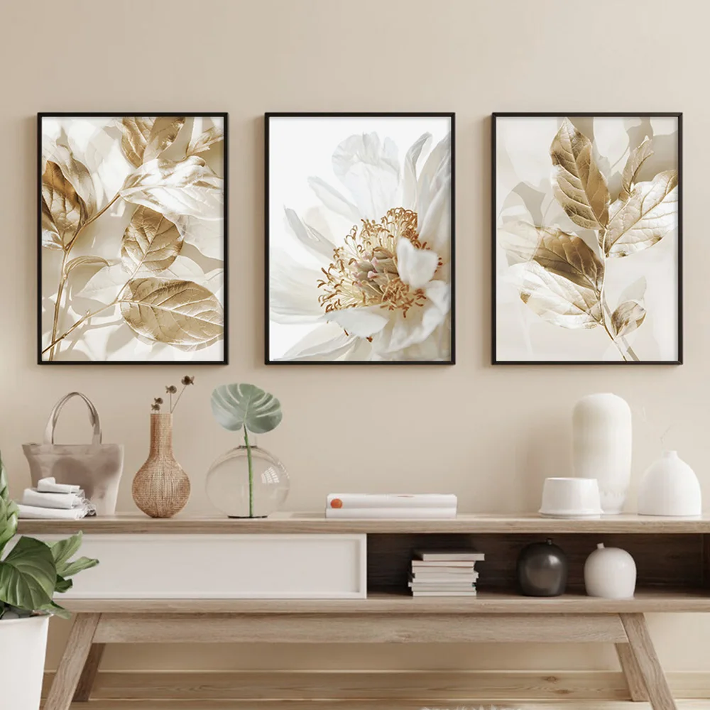 3PCS Frameless Nordic White Floral Golden Leaves Poster Wall Art Canvas Painting Prints Pictures Living Room Interior Home Decor - Image 4