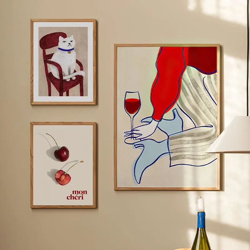 Red Striped Girl Flower Cat Coffee Abstract Wall Art Canvas Painting Hotel Bar Pictures For Living Room Decor - Image 2