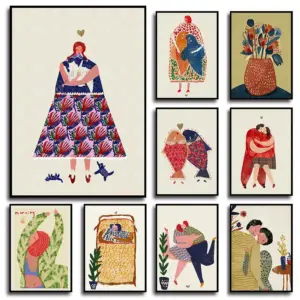 Fish Couple Wall Art Canvas Painting Nordic Poster And Prints Pictures For Living Room Decor Abstract Woman Bird Cat Flower