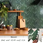 1/5/10/30pcs Green Herringbone 3D Self-adhesive Wall Tile Heat Resistant Peelable Kitchen Backsplash Waterproof Bathroom Wall Ti
