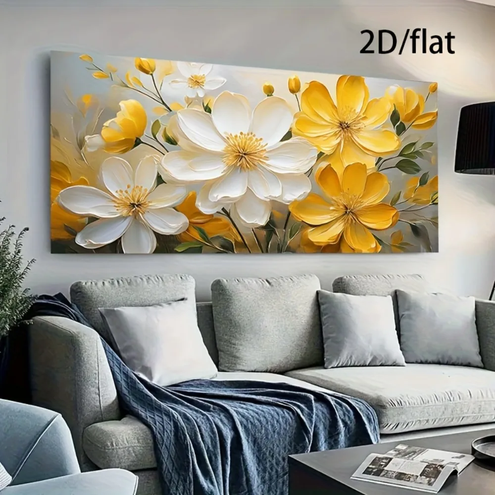 Flat 2D White and Yellow Flower Abstract Canvas Prints Poster Modern Floral Large Horizontal Art Prints Wall Art Home Decor - Image 3