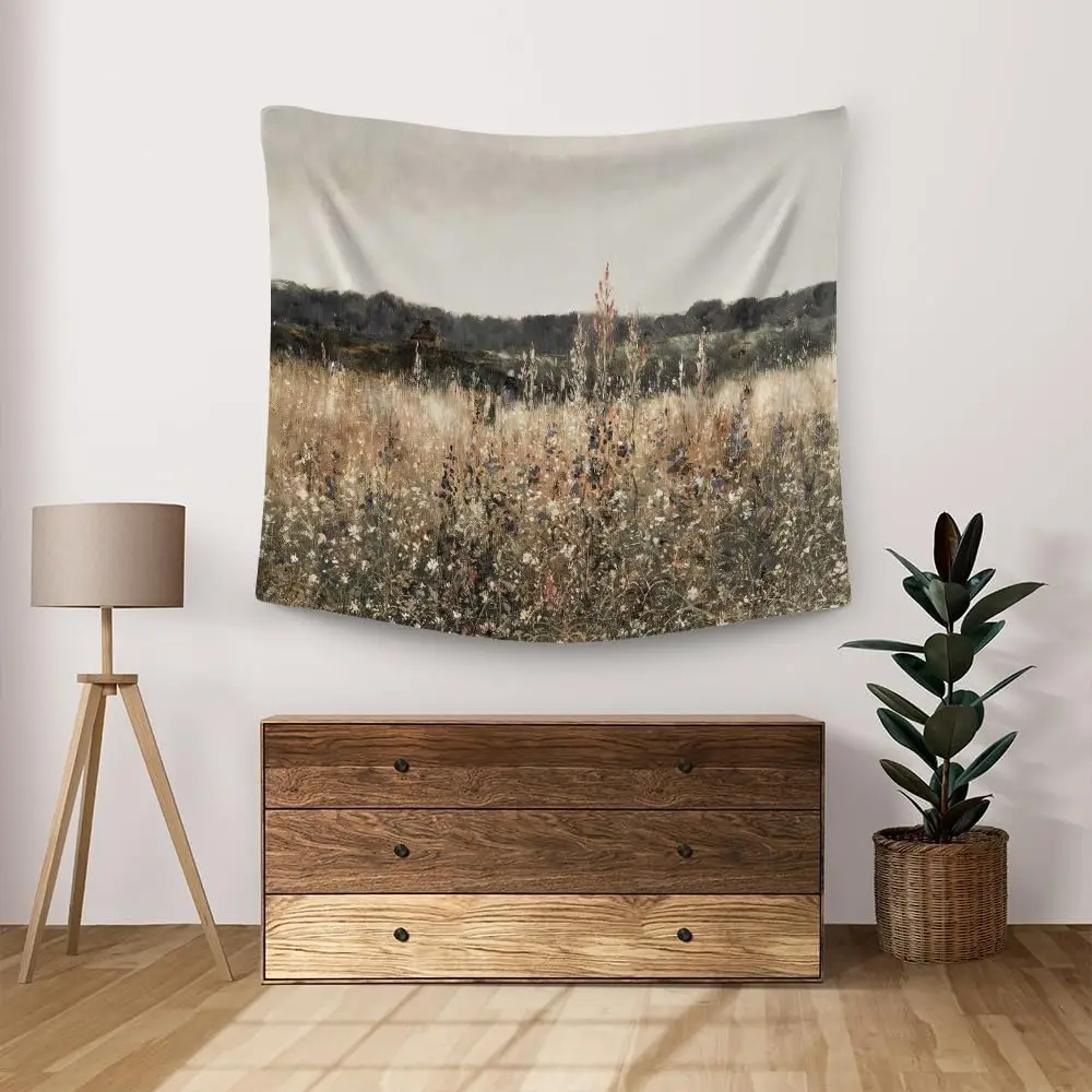 Wildflower Field Tapestry,Vintage Country Landscape Tapestry,Flower Meadow Farmhouse Wall Tapestries Aesthetic Wall Hanging for - Image 2