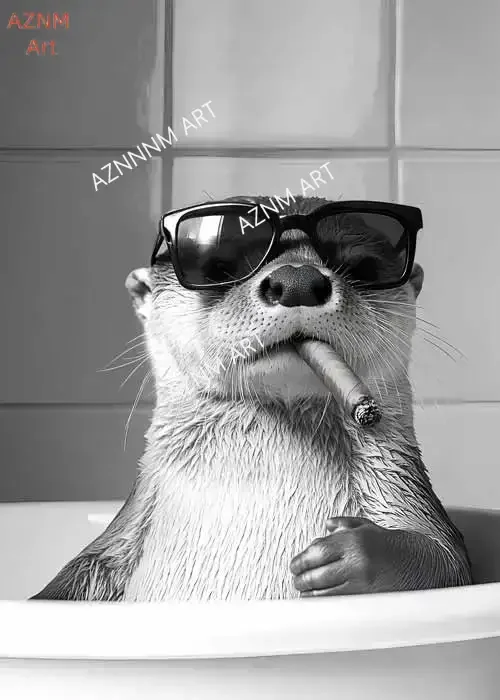 Funny Otter & Raccoon Bathroom Canvas Poster Cat Drinking Animals Black & White Wall Art Mural for Modern Living Room - Image 6