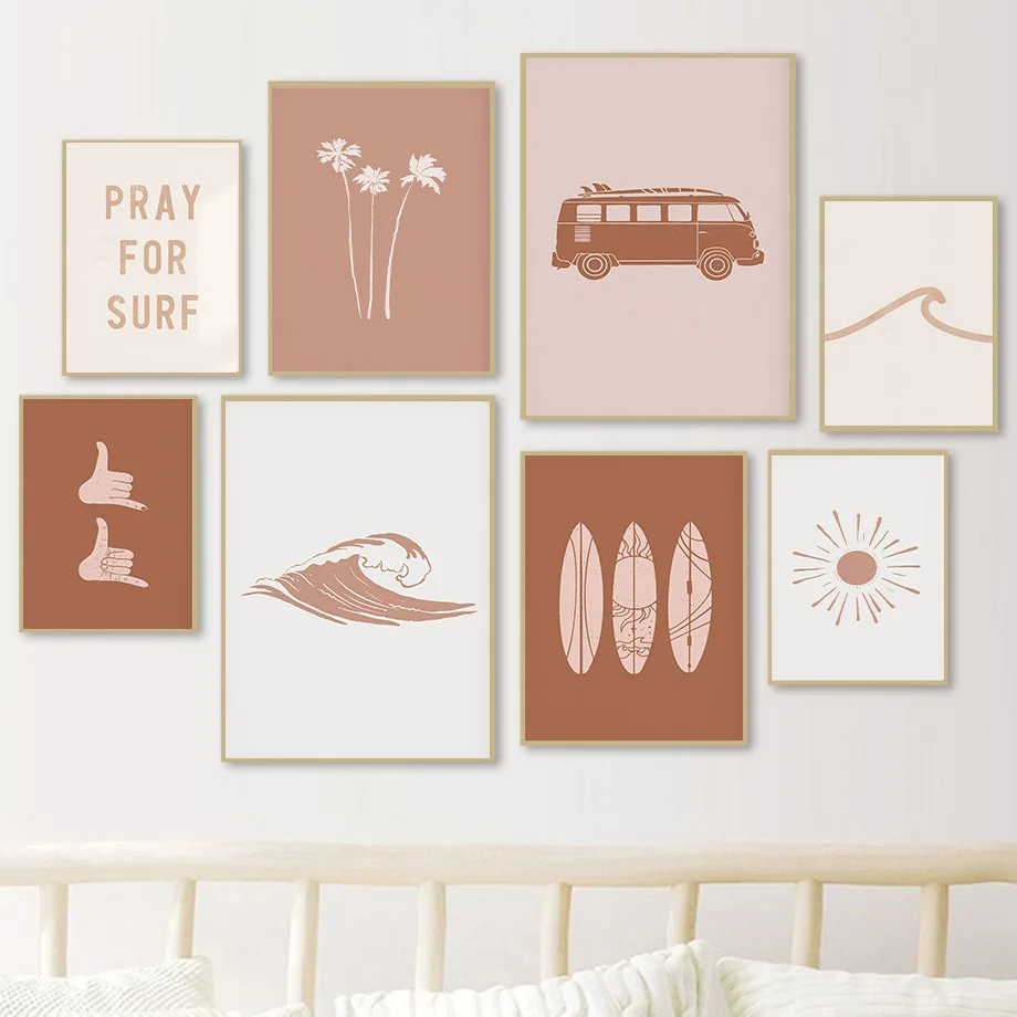 Abstract Surf Board Wave Palm Trees Sun Posters Prints Boho Beach Canvas Painting Wall Art Pictures Living Room Home Decor - Image 2