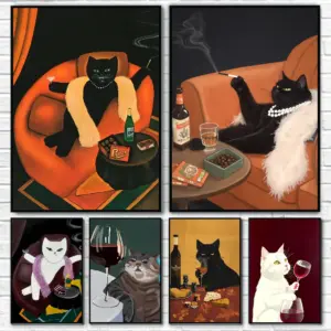 1PC Funny Black White Cats Red Wine Poster Poster Paper Print Home Living Room Bedroom Entrance Bar Cafe Art Painting Decorat