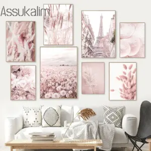 Paris Tower Canvas Posters Dandelion Field Wall Posters Reed Print Pictures Pink Poster Mural Nordic Art Painting Bedroom Decor