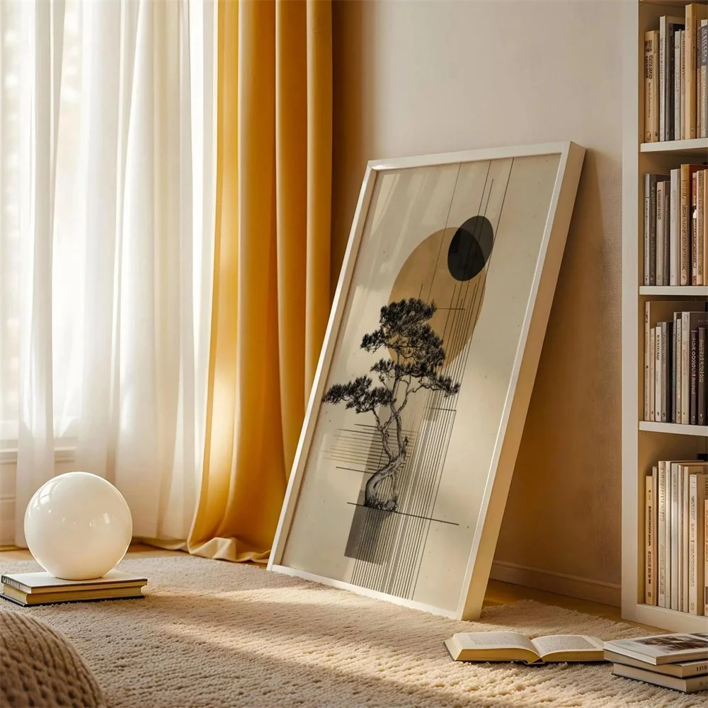 Japanese Poster | Zen Nature Digital Print Abstract Sun Illustration unframe 1pc Japan Bonsai Wall Art Minimalist - Image 3