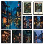 1 Frameless Tokyo Teahouse Cartoon Japanese Illustration,Anime Style City Street Cafe Scene Printing,Modern Ukiyo-e Decor Poster