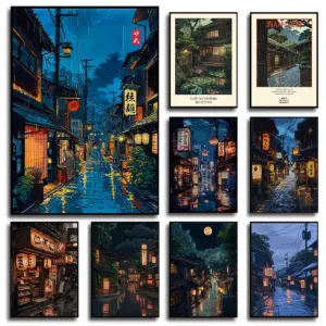 1 Frameless Tokyo Teahouse Cartoon Japanese Illustration,Anime Style City Street Cafe Scene Printing,Modern Ukiyo-e Decor Poster