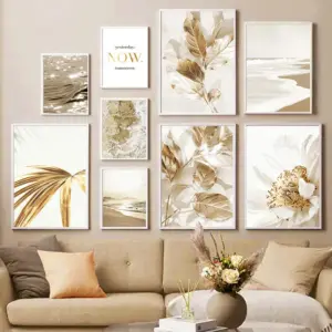 Modern Beach Botanical Art Landscape Poster Scandinavian Premium Gold Leaf Text Canvas Print Home Bedroom Dining Room Decor