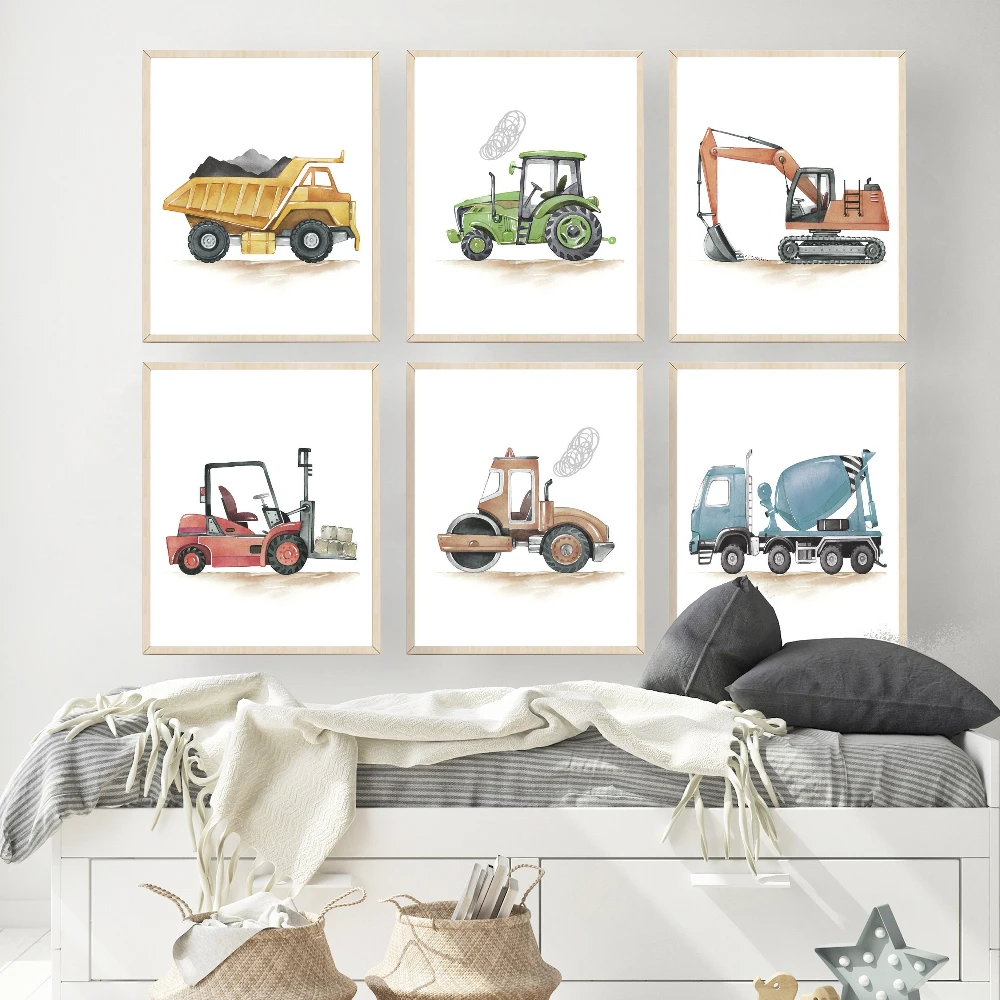 Construction Vehicle Prints Canvas Painting Boy Nursery Wall Art Decor Construction Decor Watercolor Construction Trucks Poster - Image 3