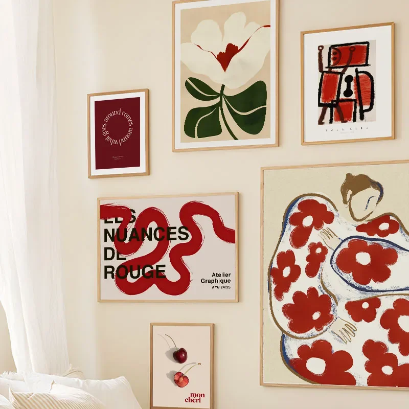 Red Striped Girl Flower Cat Coffee Abstract Wall Art Canvas Painting Hotel Bar Pictures For Living Room Decor - Image 3