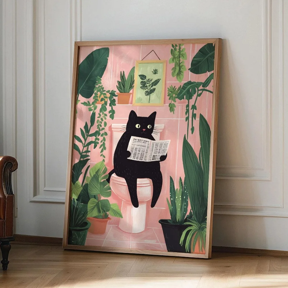 1pc Frameless,cat Reading Printing,black Cat Wall Art,comfortable Bedroom Poster,book Lover Cat Illustration,cat in Bed Printing - Image 4