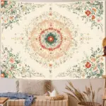 Boho Floral Mandala Tapestry for Bedroom Bohemian Flower Wall Tapestry Aesthetic Large Watercolor Beige Hippie Indian Tapestries