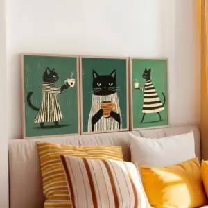 3pcs Frameless Minimalist Black Cat Print and Coffee Wall Art Print,Green Minimalist Art Poster,Retro Weird Living Room Decor