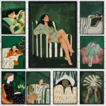 Emerald Green Abstract Female Minimalist Art Posters Nordic Style Stripes Casual Girl Canvas Painting Modern Warmth Home Decor