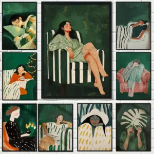 Emerald Green Abstract Female Minimalist Art Posters Nordic Style Stripes Casual Girl Canvas Painting Modern Warmth Home Decor