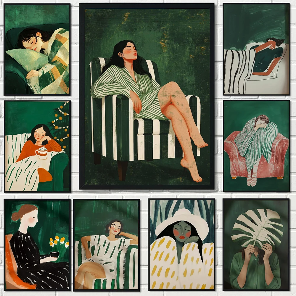 Emerald Green Abstract Female Minimalist Art Posters Nordic Style Stripes Casual Girl Canvas Painting Modern Warmth Home Decor