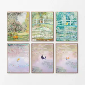 Monet and Van Gogh Cat Posters Funny Kitty Print Floral Animal Painting Wall Art Renowned Artwork Repainted Gallery Decoration