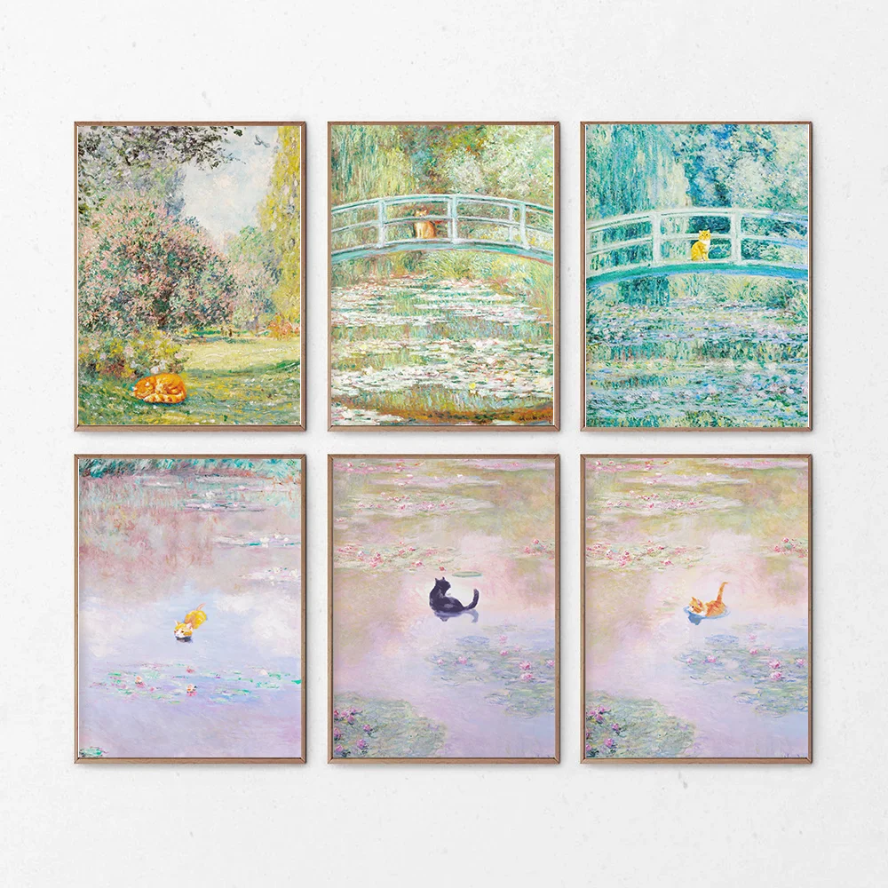 Monet and Van Gogh Cat Posters Funny Kitty Print Floral Animal Painting Wall Art Renowned Artwork Repainted Gallery Decoration