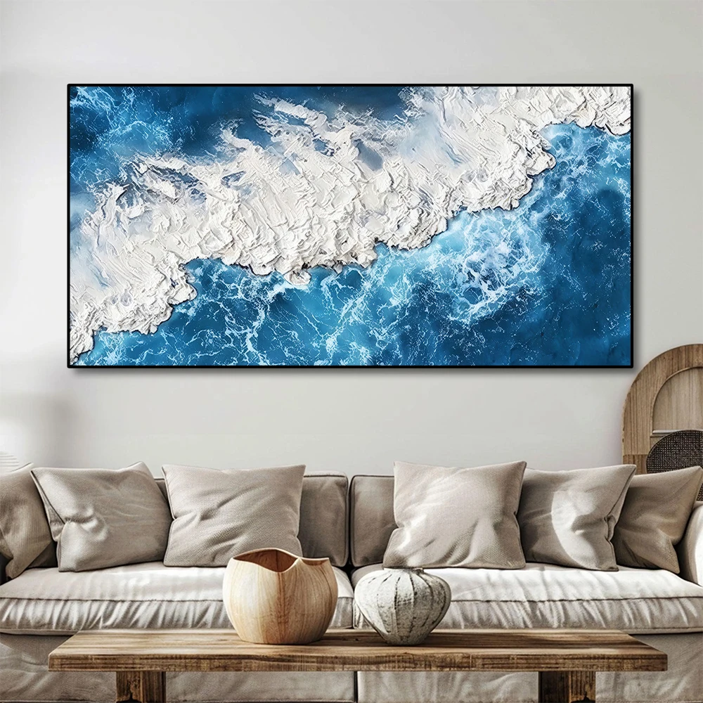 1PC Frameless Abstract Blue Beach Waves Landscape Posters Canvas Painting Artwork Wall Art for Living Room Home Office Decor - Image 5