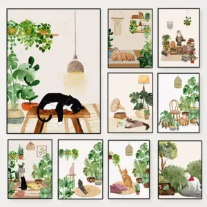 Boho Botanical and Animal Poster Vintage Plants Pet Dog Cat Canvas Painting Print Wall Art Picture for Living Room Home Decor