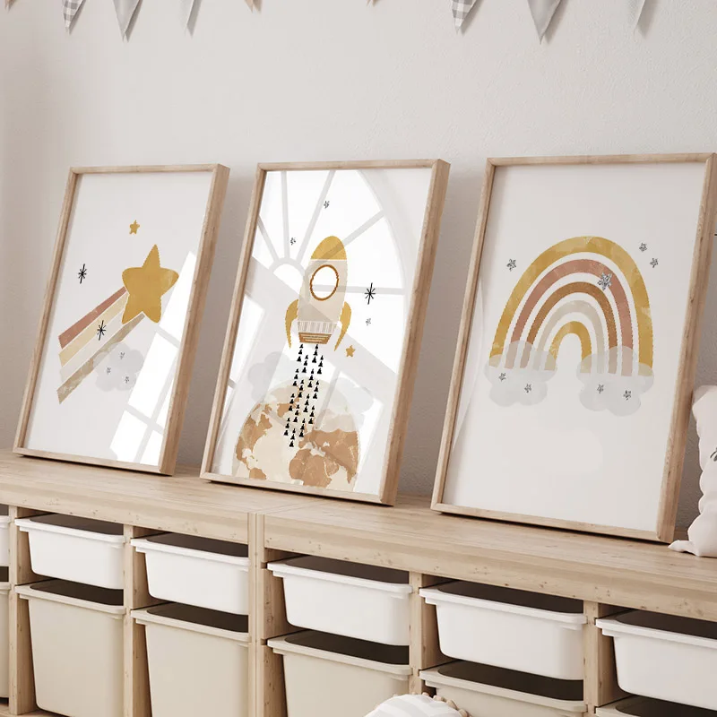 Cartoon Boho Rocket Sun Rainbow Stars Nursery Wall Art Canvas Painting Nordic Posters and Prints Pictures Baby Kids Room Decor - Image 3