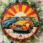 2D Flat - Vintage 2D Design of a 2CV Car, Aluminum Wall Plaque, 20x20cm Round Retro Design with a Sun Background, Classic
