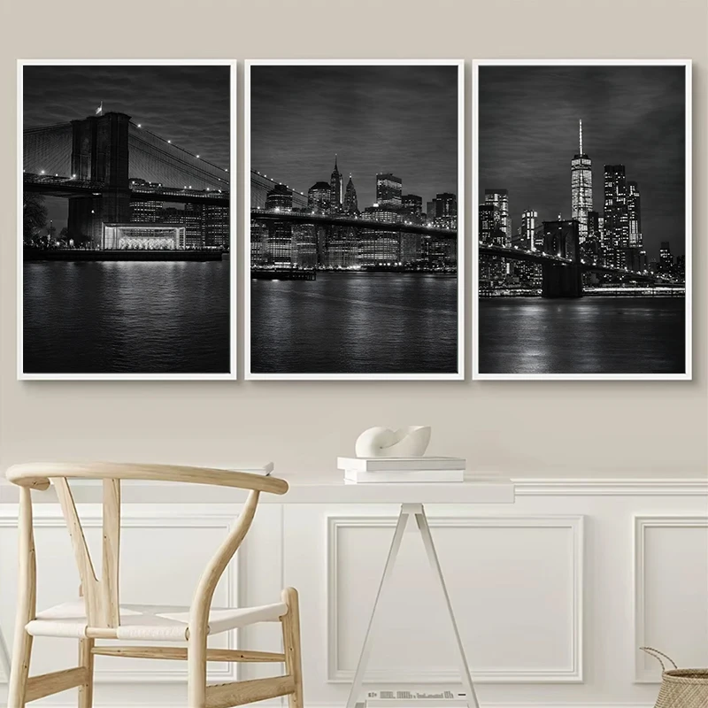 Black White New York City Nightscape Poster Brooklyn Bridge Manhattan Skyline Wall Art Bedroom Living Room Hallway Home Decor - Image 4
