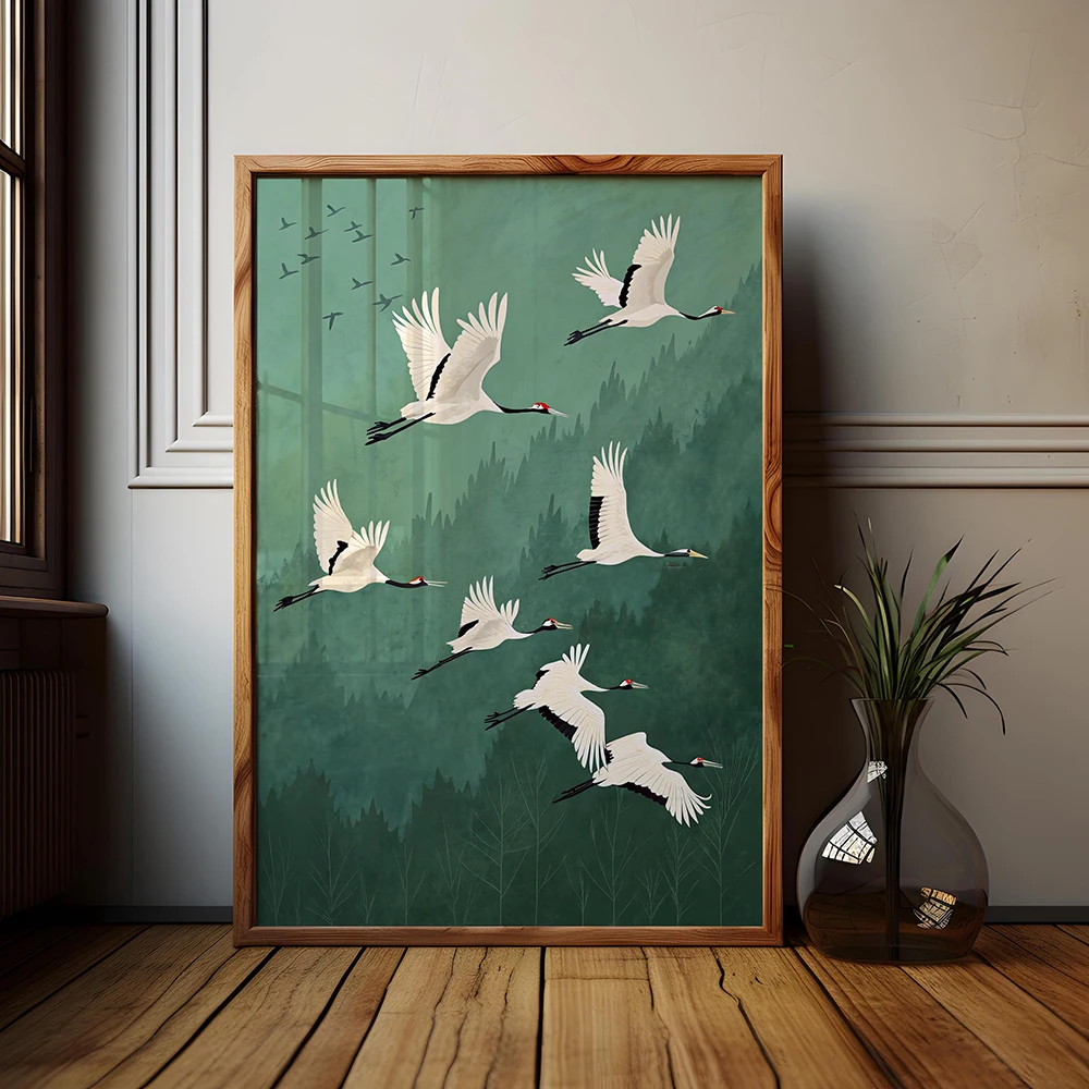 Sage Green Gold Japandi Art Print Flying Birds Wall Art Abstract Sun Art Living Room Decor Japanese Wall Art Bedroom Decor Gift - Image 4