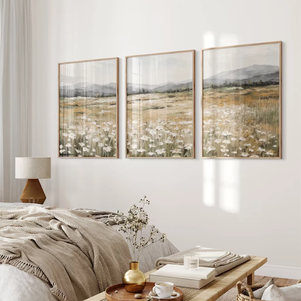 3pcs Neutral Wildflower Field Muted Country Vintage Wall Art Landscape Painting Poster Spring Living Room Bedroom Home Decor - Image 3