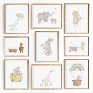 Boho Cartoon Farm Animals Wall Art Canvas Painting Rabbit Bear Bee Flower Posters and Prints Pictures for Baby Kids Room Decor