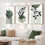 Green Black Beige Abstract Mid-Century Poster Modern Botanical Living Room Bedroom Wall Decoration 3pcs Sage Boho Art