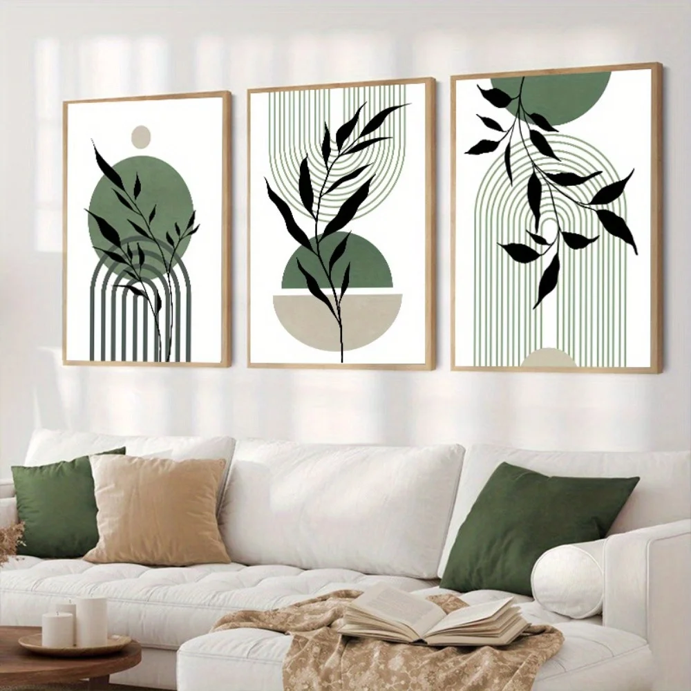 Green Black Beige Abstract Mid-Century Poster Modern Botanical Living Room Bedroom Wall Decoration 3pcs Sage Boho Art