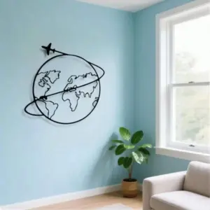 Modern Metal World Map Wall Art with Airplane - Minimalist Iron Wall Decor for Living Room Office Travel Gift