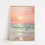 Pastel Sunset Print Blush Pink Coastal Beach Preppy Ocean Painting Poster Boho Wall Art Decor Girly Dorm Teen Room Prints Framed